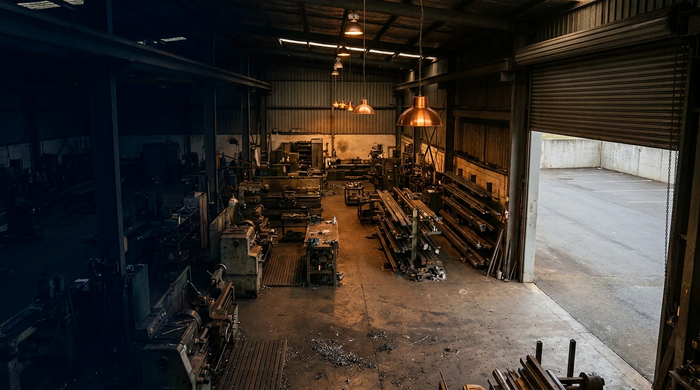 The Radial Engineering workshop floor, machines lined up under the roller door