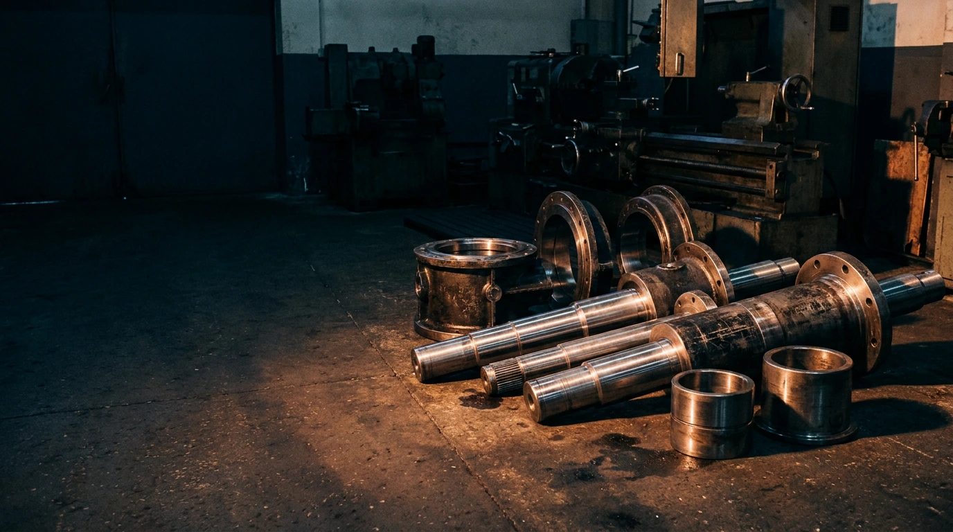 Finished machined shafts, flanged housings and bushings staged on the workshop floor