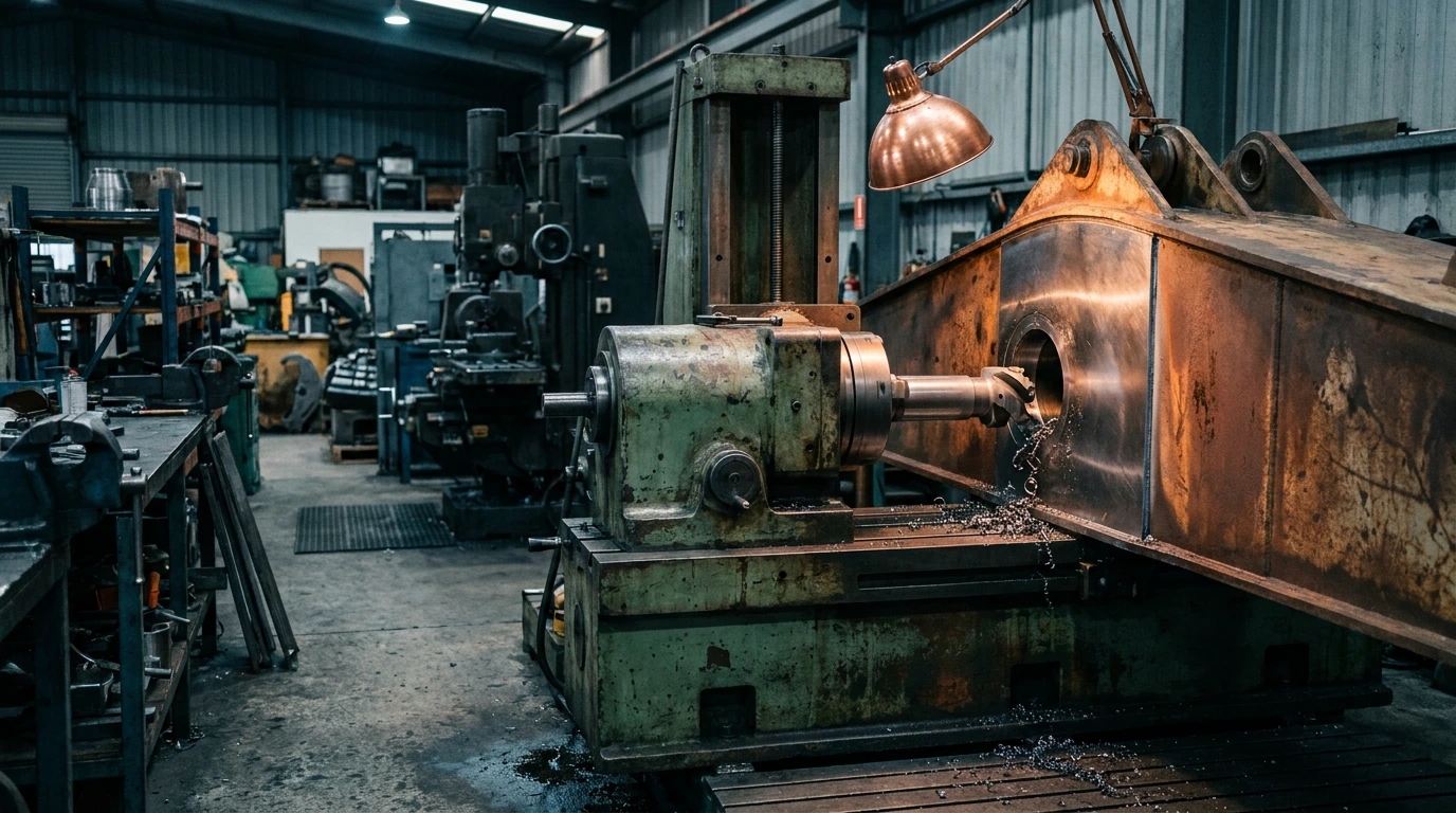 Horizontal boring machine set up on a worn excavator boom in the Radial Engineering workshop