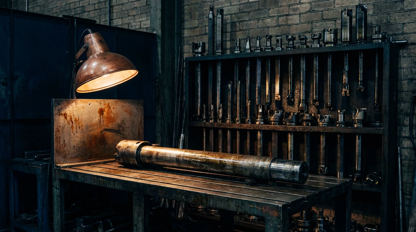 Boring bars and cutter heads racked in the Radial Engineering workshop, a large bar on the bench under a work lamp